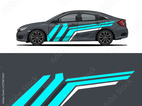 Gray sedan with blue geometric racing stripes decal