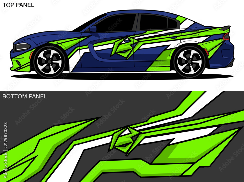 Fototapeta premium Blue car with green geometric racing decal wrap