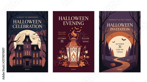 Spooky halloween invitation cards featuring haunted mansions and glowing lanterns with flat graphic design style elements