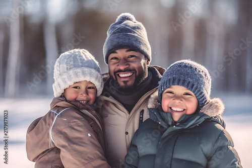 Père souriant entouré de ses deux enfants sous la neige