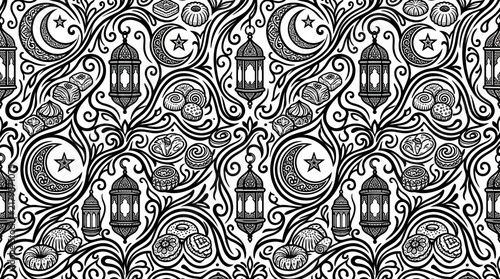 Intricate black and white pattern featuring lanterns moon stars and decorative pastries for festive occasions