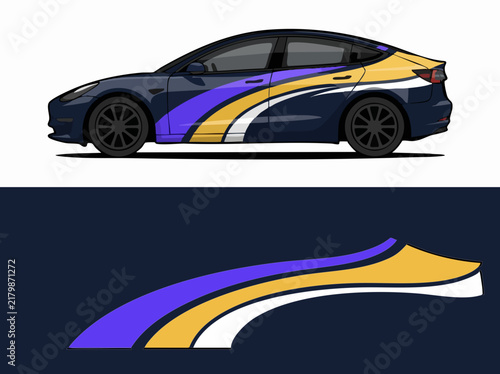 Blue sedan with colorful racing stripe decal design