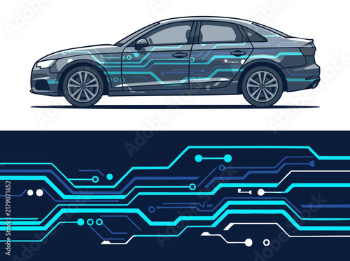 Futuristic car with digital circuit board design overlay