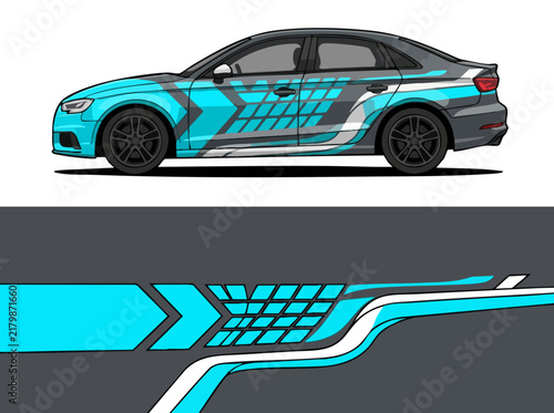 Blue and gray car with dynamic geometric wrap design