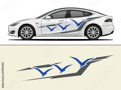 White sedan with blue bird decals and sleek design