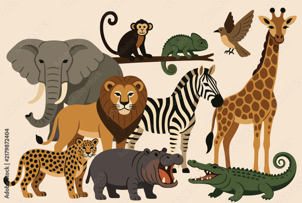 Obraz premium Savanna and jungle wild animal collection featuring elephant, lion, giraffe, zebra, leopard, and crocodile on beige.