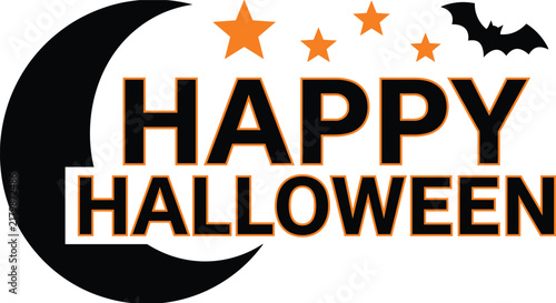 Happy Halloween text design with black crescent moon, flying bat, and orange stars vector illustration