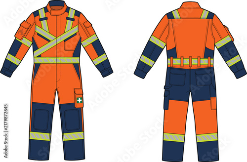 Industrial high visibility safety coverall uniform front and back technical sketch vector design