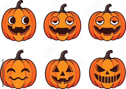 Set of cute Halloween pumpkin jack o lantern faces with various expressions vector illustration
