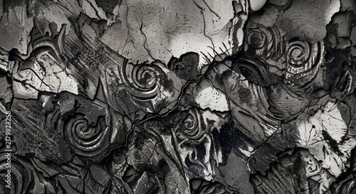 Distressed black white collage grunge texture abstract background with layered paper fragments scratched surface vintage worn effect