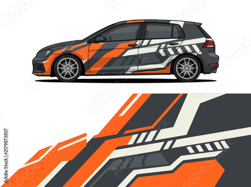 Sporty hatchback car with dynamic geometric wrap design