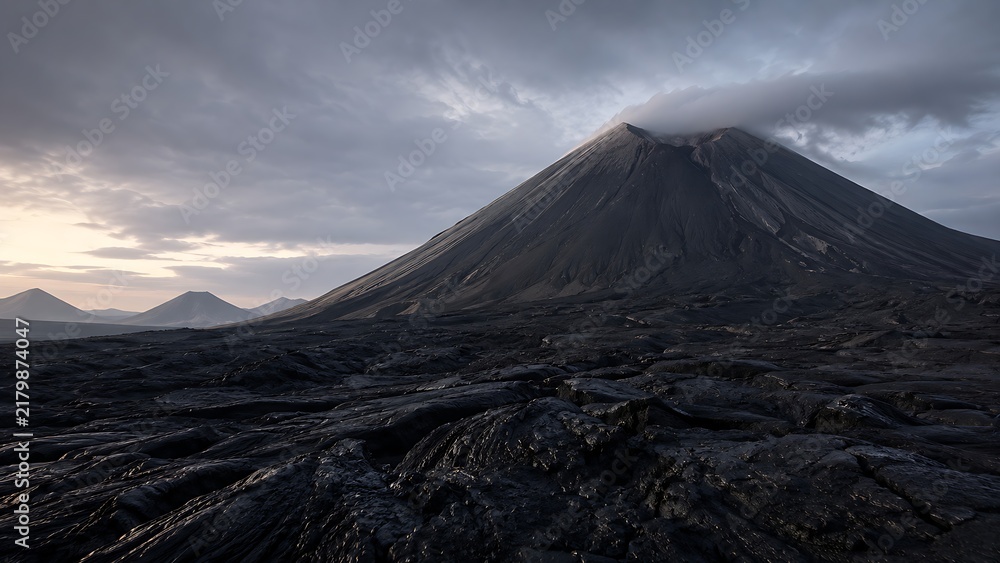 Fototapeta premium Dark Volcanic Mountain Landscape Under Dramatic Clouds