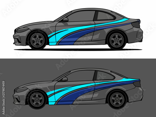 Gray sports car with blue and cyan racing stripes