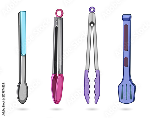 Fotografía Kitchen utensils colorful tongs and spatula transparent background