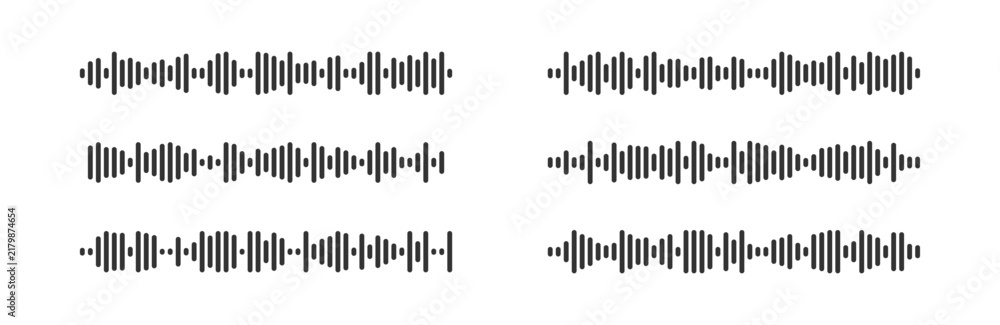Obraz premium Minimalist soundwave graphic with fluid audio frequency lines and equalizer bars. Contemporary podcast icon of clean pattern for radio broadcast, voice recording or digital player interface design.
