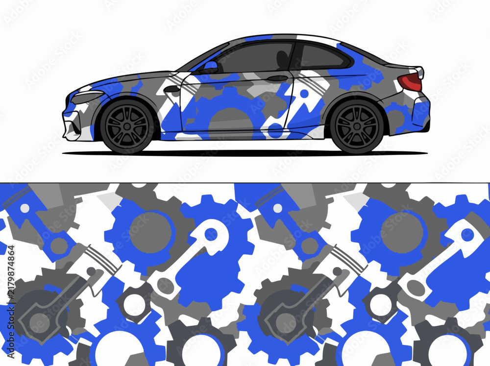 Naklejka premium Blue Camouflage Car with Gear Pattern Design