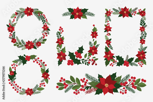 Set of Christmas floral frames, wreaths, and borders decorated with red poinsettia flowers, holly leaves, and berries.