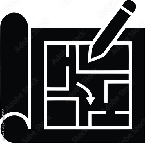 Fototapeta kuchenna Floor plan with pencil a black silhouette icon on white background