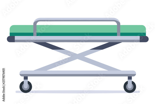 Standard hospital gurney stretcher with adjustable metal frame and green mattress on a clean white background.