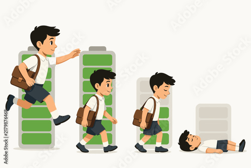 Concept of human energy levels showing a schoolboy running, walking, tired, and exhausted next to battery icons.