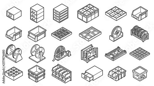 Isometric line art icons of storage bins and containers