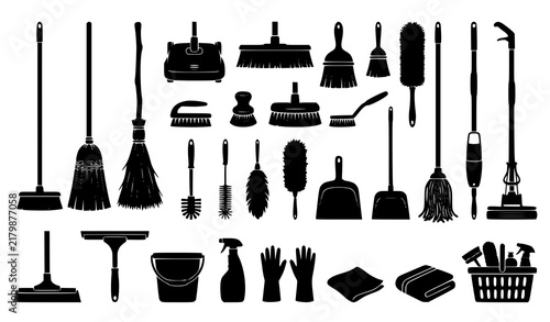 Household Cleaning Broom Brush Mop and Dustpan Black Silhouette Collection
