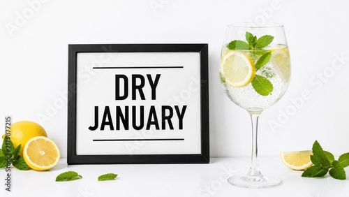 Naklejka Dry January mocktail with lemon and mint on white background