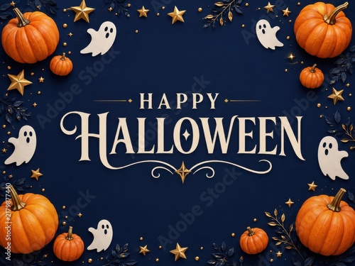 Happy Halloween card with pumpkins and ghosts