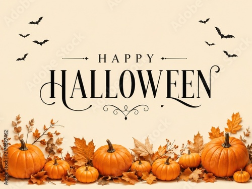 Happy Halloween card with pumpkin garland and bats