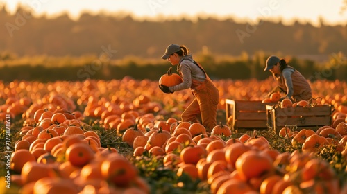 Two women harvesting pumpkins in a vibrant orange pumpkin patch during sunset, surrounded by rows of pumpkins and green foliage in a rural setting