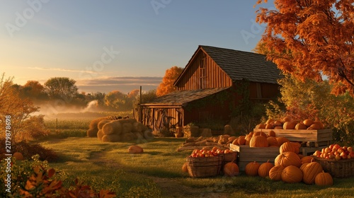 Rustic wooden barn surrounded by vibrant autumn foliage and pumpkins displayed in crates on a farm during sunset, with mist rising in the background