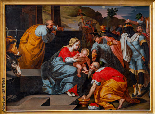 Cuadro en lienzo Three Magi present gifts to the infant Jesus seated on Mary's lap inside a painting