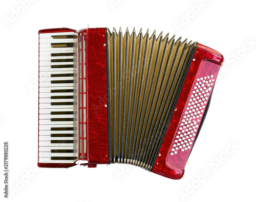 Shiny red piano accordion isolated on white background for musical performance and folk music
