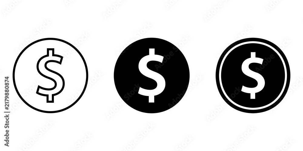 Obraz premium Set of three black dollar sign coin icons in different graphic styles for business and finance