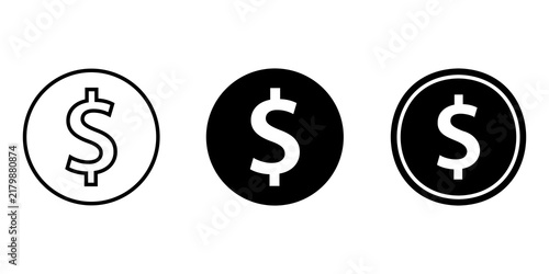Konstfotografi Set of three black dollar sign coin icons in different graphic styles for busine
