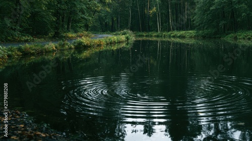 a dark lake next to a road, with recent ripples as if a car just flunked
