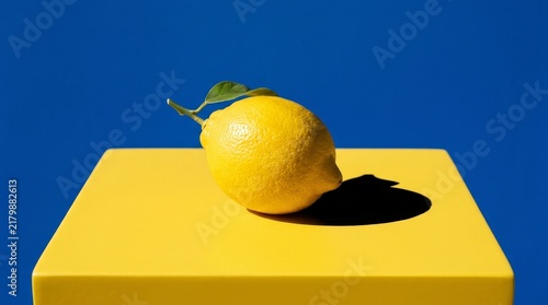 Bright lemon rests on a yellow block under a blue sky