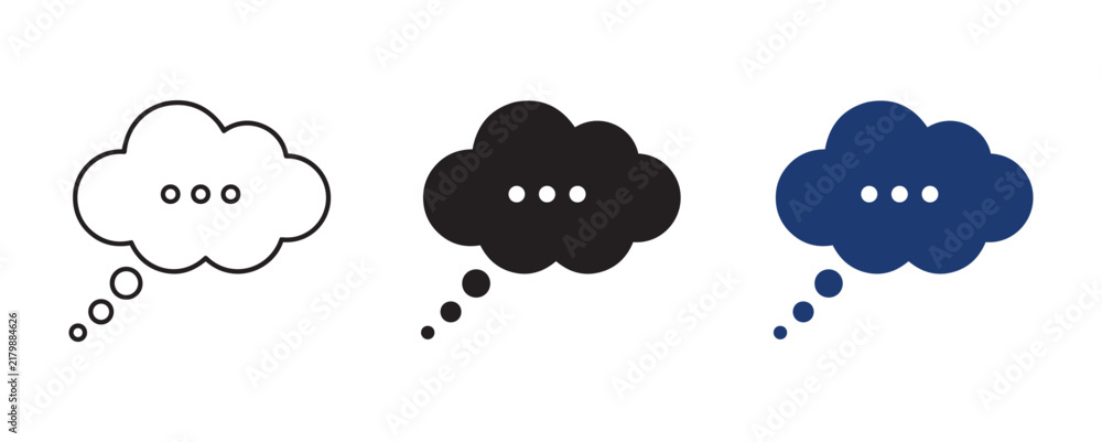 Obraz premium Set of three thought bubble icons with ellipsis symbols in outline solid and blue styles