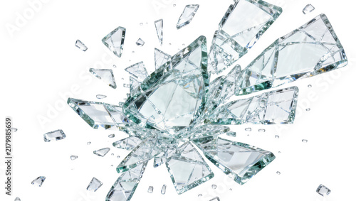 Konstfotografi Sharp clear glass fragments exploding outwards, isolated on transparent backgrou