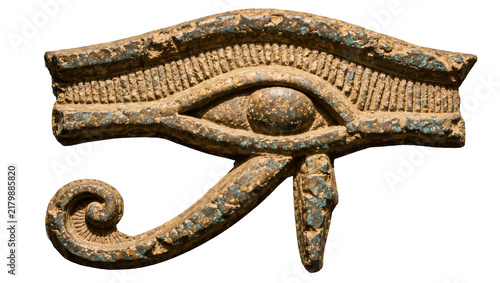 Quadro su tela Ancient Egyptian Eye of Horus amulet with weathered patina, isolated on transpar