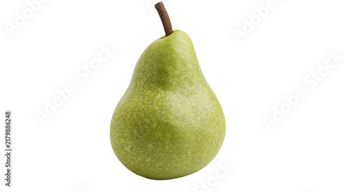 Ripe green pear with brown stem, isolated on transparent background