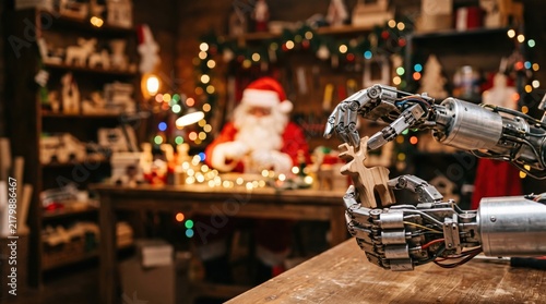 Robot arm holding wooden ornament in Santa's workshop with lights  