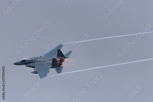 Top view of a F-15 Eagle in a high-G maneuver,  with afterburners on, condensation streaks at the wing tips and  in beautiful light