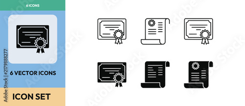 Certificate and diploma icon set vector illustration featuring award scrolls and frames