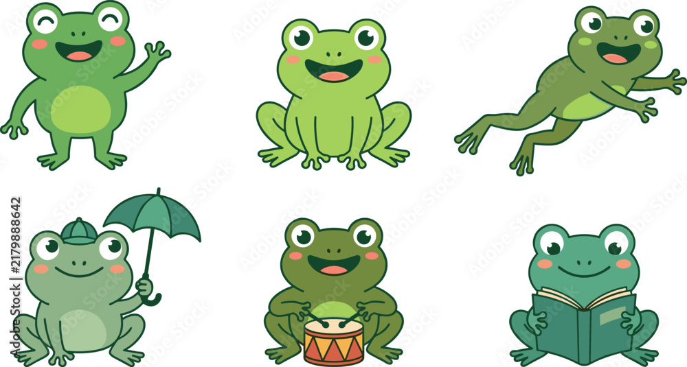 Fototapeta premium Cute Frogs Vector Illustration Set Featuring Friendly Green Amphibians Waving Jumping Holding Umbrella Playing Drum and Reading Book