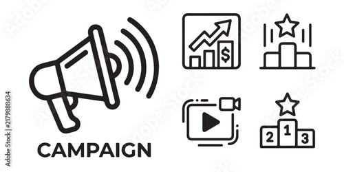 Campaign icons set with megaphone and awards