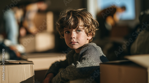 Young Child Sitting Among Moving Boxes During Difficult Family Relocation