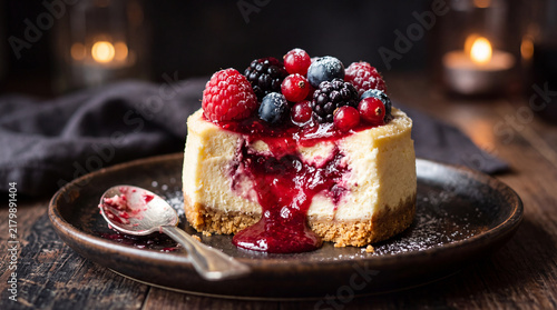 Close-up of individual berry cheesecake portion with red jam filling and molten fruit on dark background