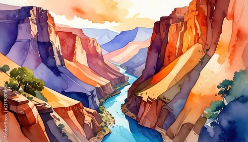 Scenic watercolor painting of a vast canyon landscape featuring steep rocky precipices flanking a smooth winding river