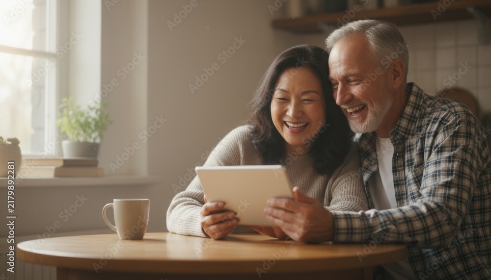 Fototapeta premium Happy senior couple sitting at a wooden kitchen table laughing while looking together at a digital tablet screen in morning light